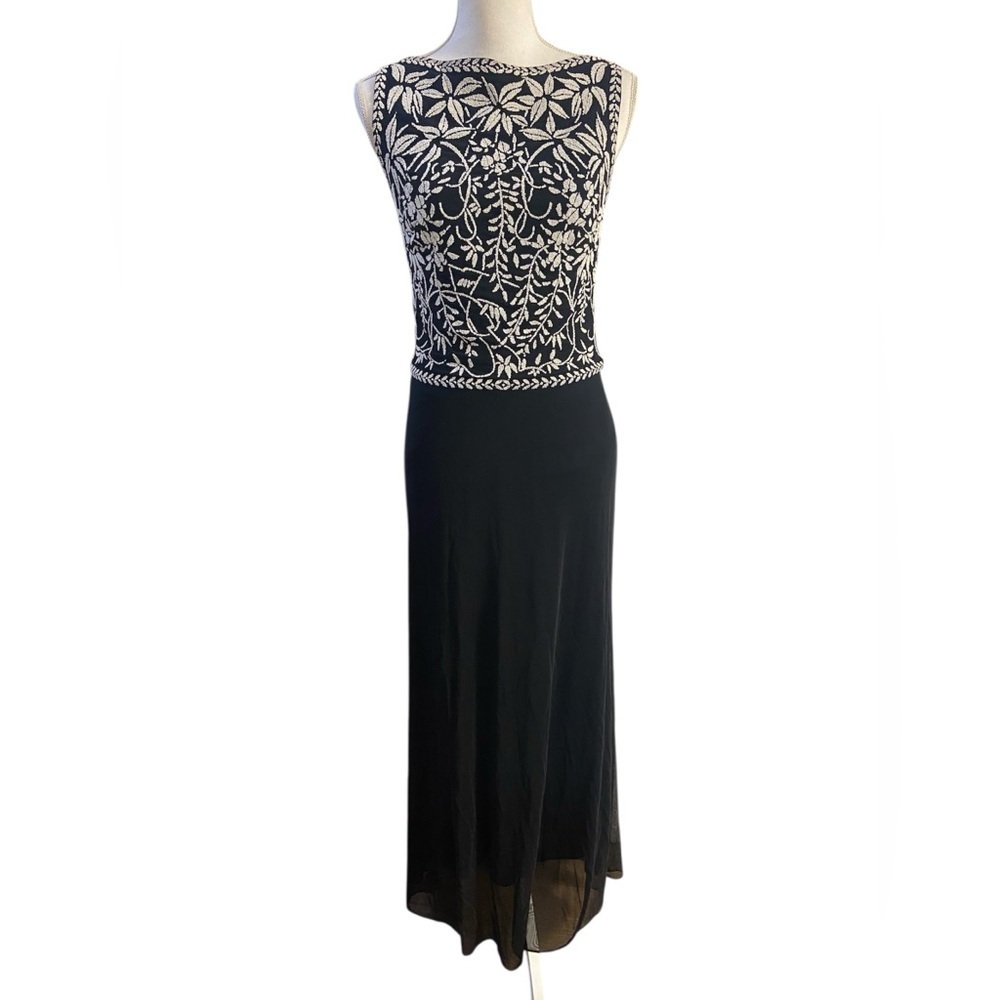 Tadashi Shoji Maxi Dress Beaded Floral Appliqué Black Small
